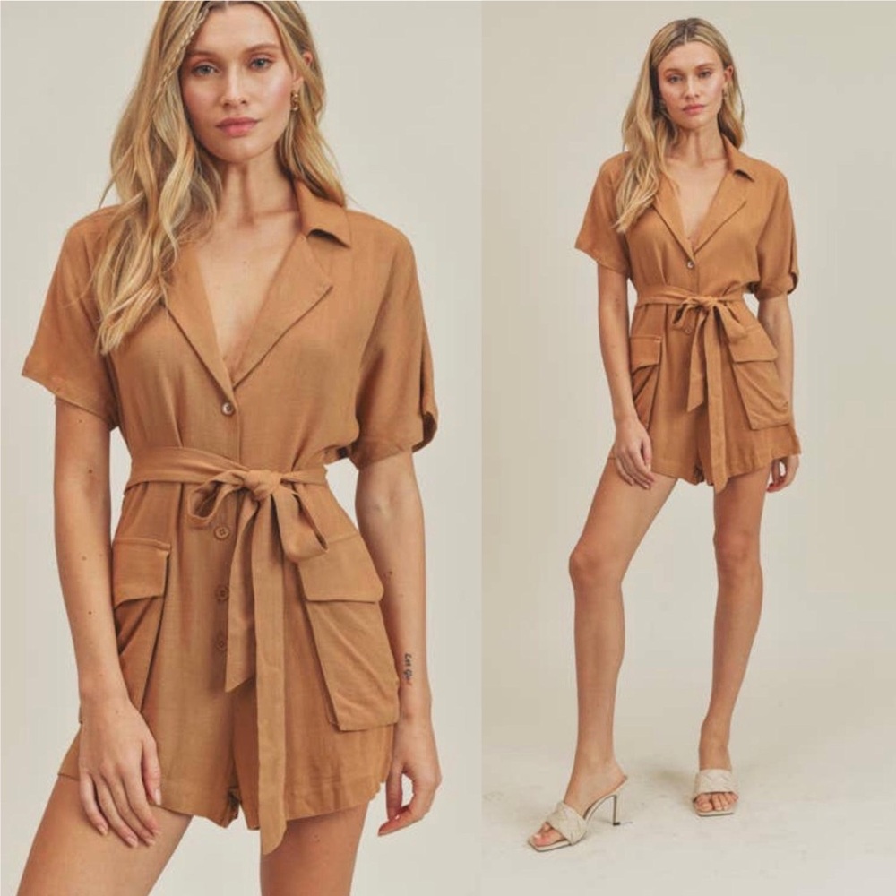 NWT Lush Cotton Linen High Waisted Belted Safari Romper Cut Out Back, Tan - Picture 3 of 5